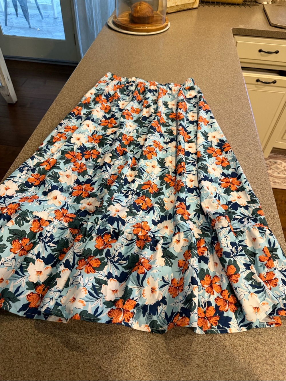 Floral Tiered Maxi Skirt in Light Blue and Orange